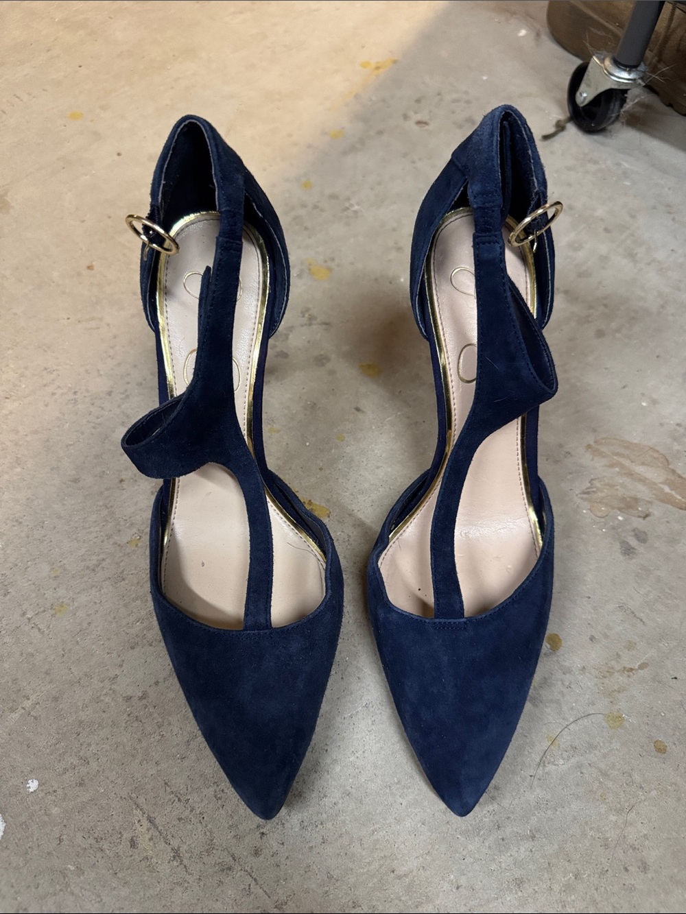 Jessica Simpson Navy Suede T-Strap Pointed Heels with Gold Buckle